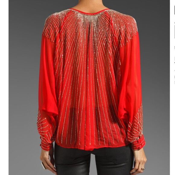 NWT Parker XS S Red Beaded Long Balloon Slv Party Bow Sheer Silk Sequin Blouse - Picture 2 of 10